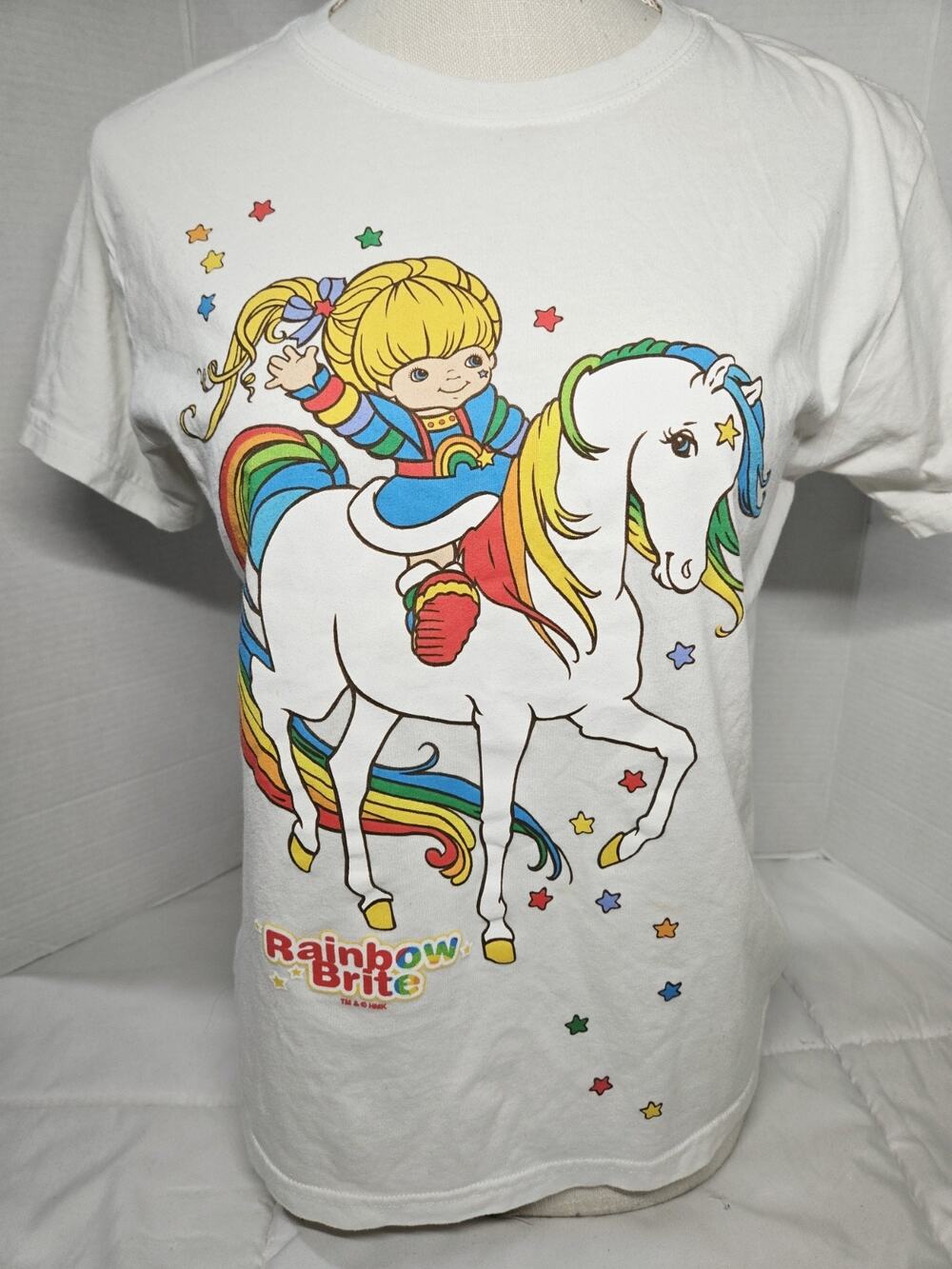 Rainbow Brite 80's Style Womens White Shirt M Unicorn Blue Eyes Graphic